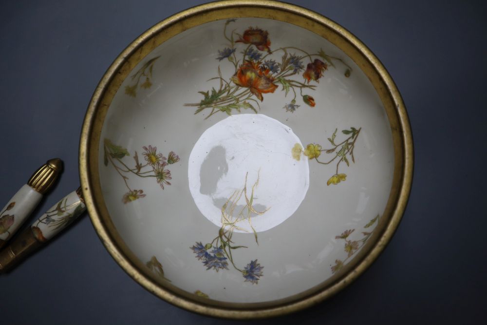 A late Victorian Royal Worcester ivory porcelain salad bowl and servers, with gilt metal mounts, date code 1892, bowl 24cm diameter
